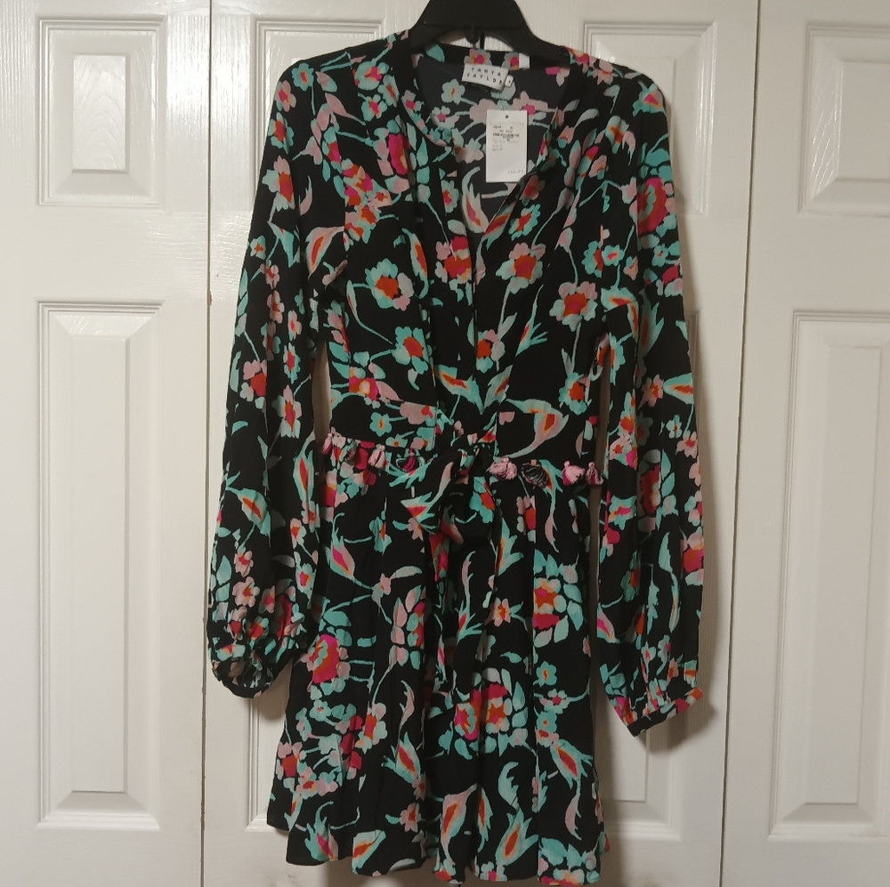 Tanya Taylor Dark Floral Tie Waist Silk Dress